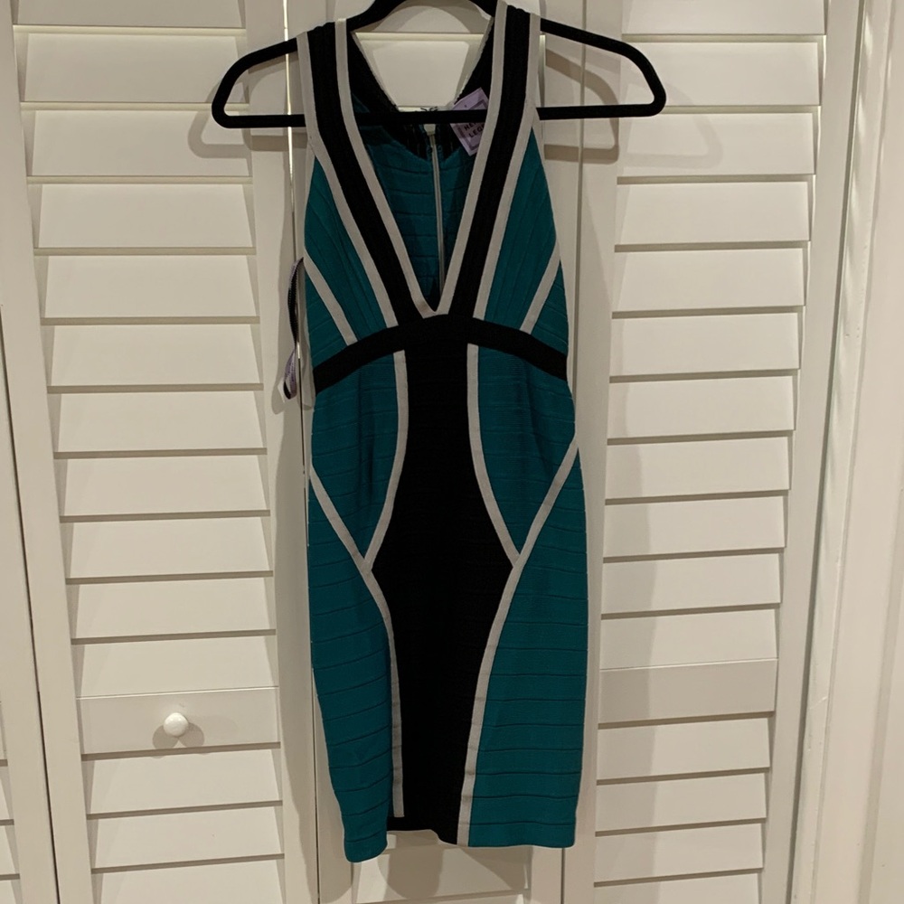 Herve Leger Bandage Dress Teal, Black and Grey